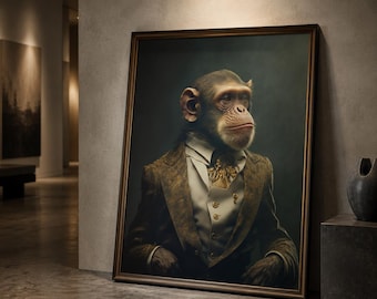 Aristocrat Monkey Portrait Painting, Vintage Animal Wall Art (Digital Download)