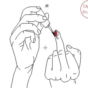 May include: A hand painting a fingernail with red nail polish. The hand is making a middle finger gesture.