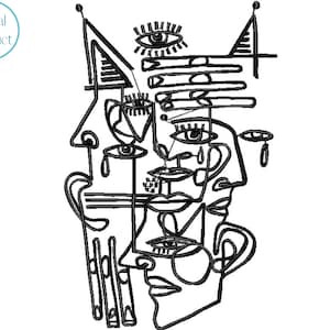 May include: Black and white line art illustration of a face with multiple eyes and mouths. The artwork is abstract and stylized.