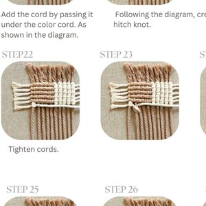 Puede incluir: Instrucciones paso a paso para anudar macram&eacute;. La imagen muestra primeros planos del proceso de macram&eacute;, con instrucciones de texto como "A&ntilde;adir el cord&oacute;n" y "Apretar los cordones". El macram&eacute; est&aacute; hecho con cordones beige y crema.