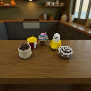 May include: A collection of miniature food-themed figurines, including a bag of coffee beans, popcorn, an ice cream cone, a banana, and a cinnamon roll. The figurines are brightly colored and detailed, set on a wooden surface.