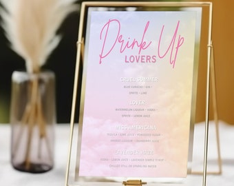 Signo de menú de bebidas de la era de la novia, menú de barra de despedida de soltera, signo de bebidas exclusivo, signo de amantes de T Swift Drink Up, plantilla de menú de bar, 008