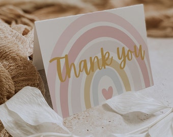 Boho Rainbow First Birthday Thank You Card Template (5x3.5, 5x7 inch) (Digital Download)