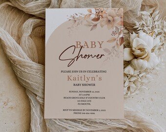Wildflower boho babyshower uitnodiging, bloemen babyshower thema, genderneutrale uitnodiging, sjabloon, 003