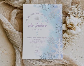 May include: A light blue and white invitation with a snowflake design. The text reads "For the first time in forever Isla Jackson is turning 3 Saturday March 8th 3:30pm 467 Tanner Drive Nashville, TN Elsa will be arriving at 4pm RSVP by March 1st"