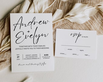 Modern Wedding Invitation Template Set, Minimalist Printable Invitation Suite, Black and White Simple Wedding Invite With RSVP, 005