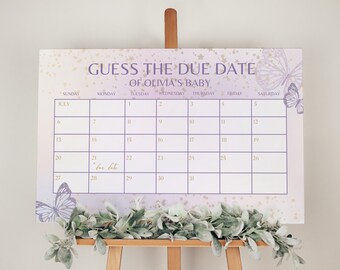 May include: A pink and purple baby shower game with a calendar for guests to guess the due date of Olivia's baby. The calendar is decorated with gold stars and butterflies.