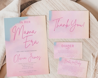 Uitnodigingsset babyshower Mama Era, roze en blauwe sjabloon T Swift