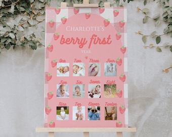 Tablero de fotos del primer cumpleaños de Berry: Collage de 12 meses (plantilla)