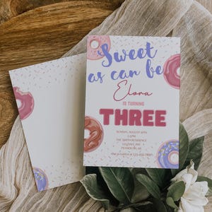 Sweet As Can Be Birthday Invitation, Donut 3rd Birthday, Sweet One 3rd Birthday, Girl Birthday Invitation, Donut Birthday TEMPLATE, 007