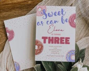 Donut 3rd Birthday Invitation: Sweet One Girl Party (Canva Template)