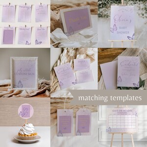 Op de afbeelding: Lila en gouden baby shower-sjabloon om te printen met een vlinderthema. De sjablonen omvatten uitnodigingen, bedankkaartjes, een bord, een luier-loterijkaart, een kalender om de uitgerekende datum te raden en een cupcake-topper.