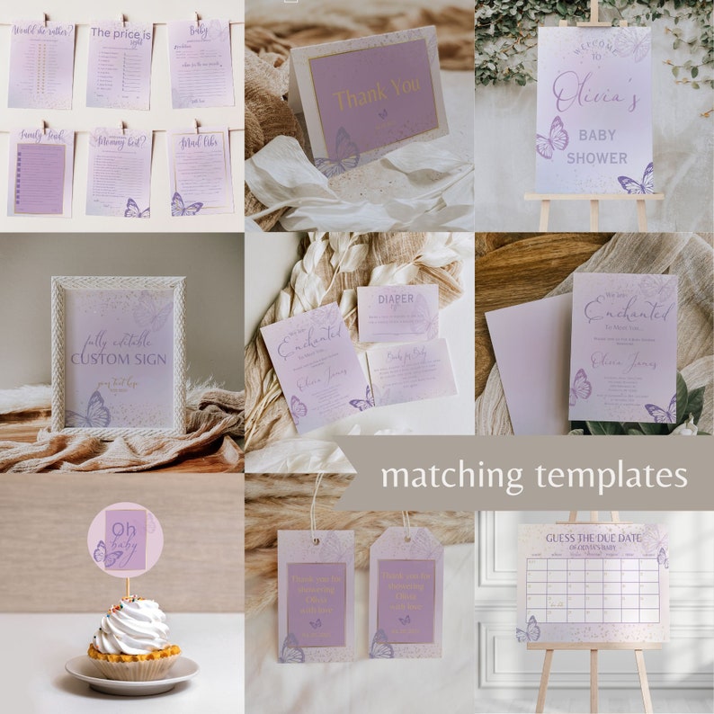 Op de afbeelding: Lila en gouden baby shower-sjabloon om te printen met een vlinderthema. De sjablonen omvatten uitnodigingen, bedankkaartjes, een bord, een luier-loterijkaart, een kalender om de uitgerekende datum te raden en een cupcake-topper.