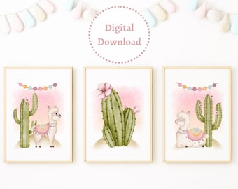 Impresiones de vivero de llamas / Arte de vivero de cactus / Niña de decoración de vivero rosa / Pared de galería de vivero / Impresiones de arte de vivero de niña rosa Conjunto de 3