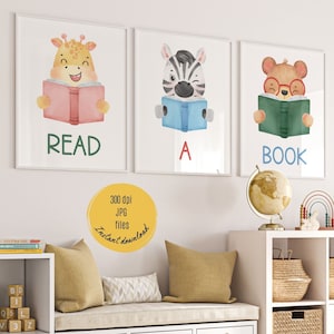 Placa de leitura para sala de jogos, canto de leitura infantil, recanto de leitura para sala de jogos, decoração de biblioteca escolar, arte divertida para sala de jogos, decoração de biblioteca para sala de aula