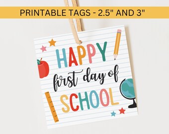 Glad första skoldag kaketikett utskrivbar fyrkantig, tillbaka till skolan lärare elev godisetikett nedladdningsbar, omedelbar digital nedladdning
