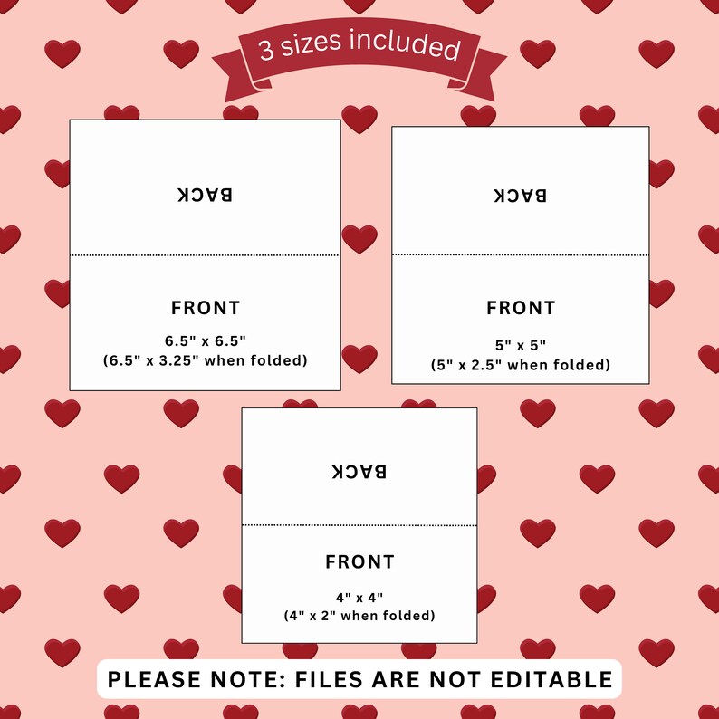 Puede incluir: Tres plantillas de tarjetas imprimibles en diferentes tama&ntilde;os: 16,5 cm por 16,5 cm, 12,7 cm por 12,7 cm y 10,2 cm por 10,2 cm. Las tarjetas est&aacute;n dise&ntilde;adas para doblarse y tienen las palabras "FRENTE" y "DORSO" impresas en ellas. El texto "TENGA EN CUENTA: LOS ARCHIVOS NO SON EDITABLES" est&aacute; impreso en la parte inferior de la imagen.