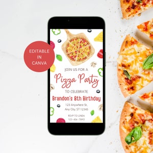 May include: A digital invitation on a smartphone screen for a pizza party to celebrate Brandon's 8th birthday. The invitation features a watercolor illustration of a pizza with toppings and other pizza ingredients.