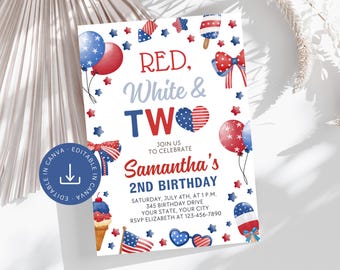 Red White and Two Invitation Girl 2nd Birthday, Fourth of July Patriotic Theme July 4 Party Invite, Second Bday Editable Template Download