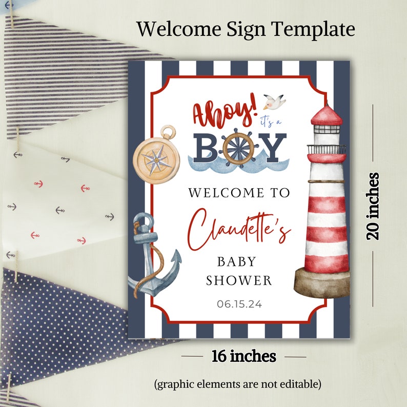 K&ouml;nnte beinhalten: Ein Willkommens-Schild f&uuml;r eine Babyparty im nautischen Stil mit blau-wei&szlig; gestreiftem Hintergrund. Das Schild zeigt einen rot-wei&szlig;en Leuchtturm, einen Anker, einen Kompass und ein Steuerrad. Der Text lautet "Ahoy! Es ist ein Junge", "Willkommen zur Babyparty von Claudette" und "06.15.24". Das Schild ist 40,6 cm breit und 50,8 cm hoch.