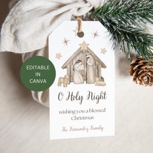 Krippe Weihnachtstags bearbeitbar, oh heilige Nacht Geschenketikett druckbar, religiöses katholisches Feiertagsetikett, digitaler Download benutzerdefinierte Vorlage