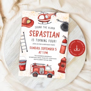 Firefighter Birthday Invite Editable Template, Fire Engine Boy Party Invitation Printable, Fire Truck Sound the Alarm Theme Instant Download