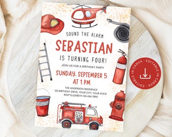 Firefighter Birthday Invite Editable Template, Fire Engine Boy Party Invitation Printable, Fire Truck Sound the Alarm Theme Instant Download