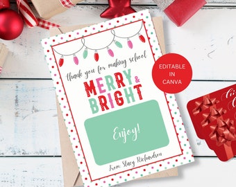 Teacher Christmas Gift Card Holder Editable, Printable Holiday Custodian School Staff Principal Appreciation Template Digital Download
