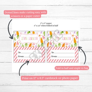 Puede incluir: Topper para bolsa de regalo de Pascua imprimible con un fondo a rayas rosa y blanco y un patr&oacute;n de zanahorias y conejos. El topper dice "Bunny Bail" y tiene espacio para escribir "Para:" y "De:". El topper mide 12,7 cm por 12,7 cm y se dobla por la mitad para medir 12,7 cm por 6,35 cm. Las instrucciones dicen que se imprima en cartulina o papel fotogr&aacute;fico de 27,9 cm por 21,6 cm.