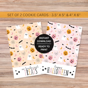 May include: Set of two printable Halloween cookie cards. The cards feature a pink and orange background with ghosts, pumpkins, bats, spiders, and stars. One card says "no tricks just treats" and the other says "happy halloween".