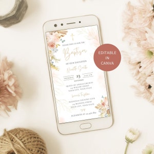 Convite de batismo Boho para menina digital, convite de batismo de bebê editável Evite, convite floral de batismo católico, modelo de e-vite de texto