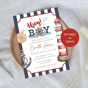 Invito per baby shower "Ahoy It's a Boy" modificabile, modello di invito stampabile a tema "Ahoy It's a Boy", tema nautico rosso navy, download digitale