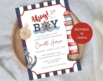 Invito per baby shower "Ahoy It's a Boy" modificabile, modello di invito stampabile a tema "Ahoy It's a Boy", tema nautico rosso navy, download digitale