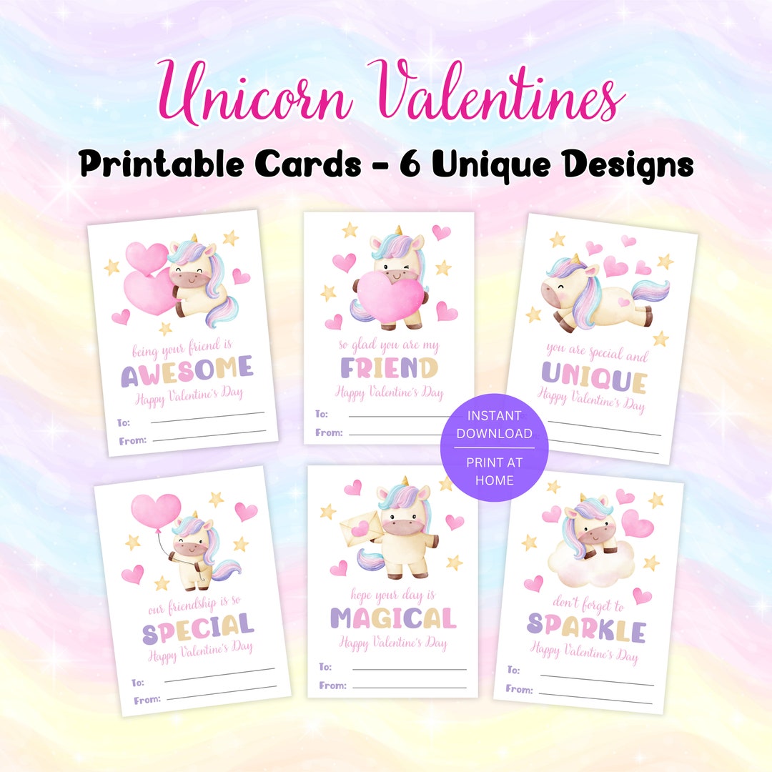 Unicorn Valentine Cards Printable for Kids, Girl Happy Valentine's Day ...