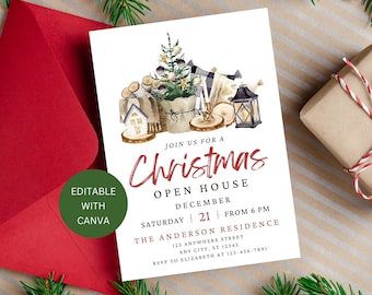 Invitations Christmas Open House Editable, Holiday Party Open House Printable Invite Template for Friends Family, Instant Digital Download