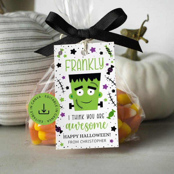 Frankenstein Tag Editable, Boy Halloween Tag Printable, Classroom Halloween Gift Tag, Trick or Treat Tag, Custom Class School Kids Favor