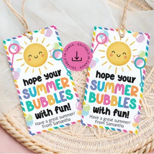 May include: Two rectangular gift tags with a summer theme. Each tag features a smiling sun, bubbles, and the text "hope your SUMMER BUBBLES with fun!" and "Have a great summer! From Samantha". The tags have colorful borders.