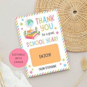 Plantilla editable de portatarjetas de regalo para maestros de fin de año escolar, agradecimiento del último día para imprimir, descarga digital para conserjes, personal y director