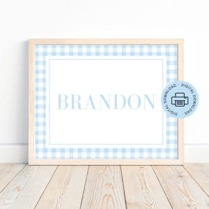 Blue Gingham Nursery Name Sign Printable: Personalized Above Crib Boy Room Decor (Digital Download)