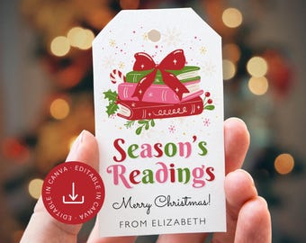 Book Lover Christmas Editable Tag, Girly Season's Readings Bookish Holiday Gift, Printable Personalized Instant Digital Download Template