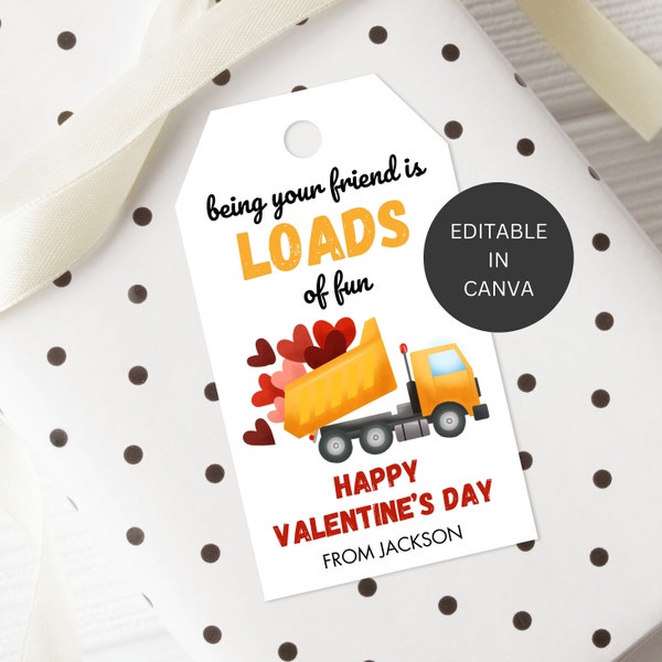 Kids Construction Valentine Tag for Boys, Editable Loads of Fun Happy Valentine's Day Class Favor Printable, Edit Digital Download Template