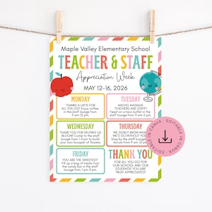 May include: A colorful Teacher & Staff Appreciation Week poster for Maple Valley Elementary School, May 12-16, 2026. Features a red apple, a globe, and daily activities like coffee, tacos, flowers, donuts, and a candy bar. Includes a "Thank You" message.