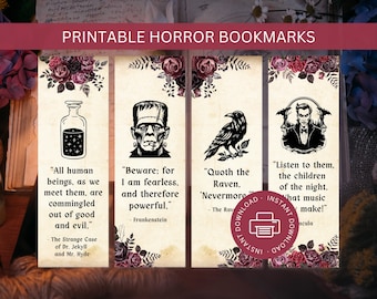 Marcapáginas imprimibles de terror, novelas góticas clásicas de miedo, descarga instantánea, archivo PDF de literatura de Halloween espeluznante de Poe Dark Academia