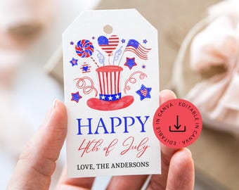 Etiqueta de regalo imprimible del 4 de julio, plantilla de descarga digital instantánea editable para el Día de la Independencia en rojo, blanco y azul