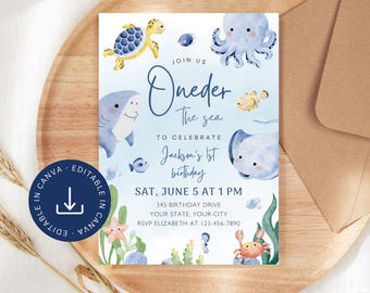 Invitation Oneder the Sea Boy, premier modèle d'invitation de fête d'anniversaire modifiable, 1er thème animaux sous l'océan imprimable, téléchargement immédiat