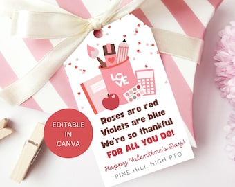 Etiqueta de regalo para profesor/a, plantilla editable e imprimible para San Valentín, agradecimiento a asistentes escolares, descarga digital instantánea