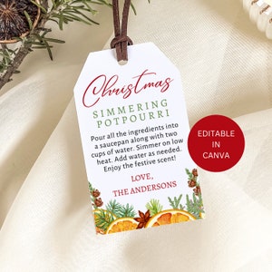 Étiquette de pot-pourri de Noël sur la cuisinière, imprimable, pot-pourri fait maison, étiquette cadeau modifiable pour les fêtes, modèle personnalisé en téléchargement numérique