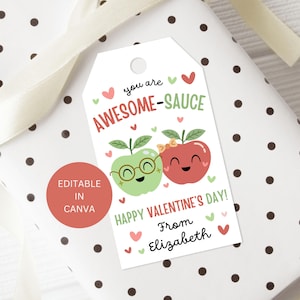 Applesauce Tag Valentine Printable, Awesome Sauce Happy Valentine&#39;s Day Apple Pun Classroom Preschool Class Student Label, Digital Download