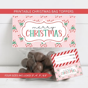 Pink Merry Christmas Candy Cane Bag Topper: Printable Cookie Treat Packaging (Instant Download PDF)