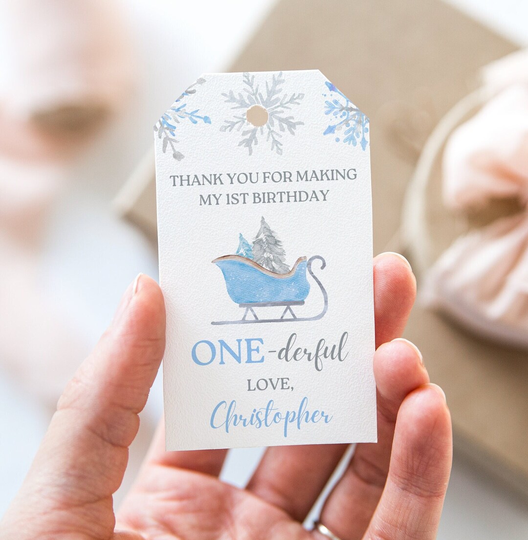 Boy Winter Onederland Birthday Party Favor Thank You Tag, Editable Blue ...